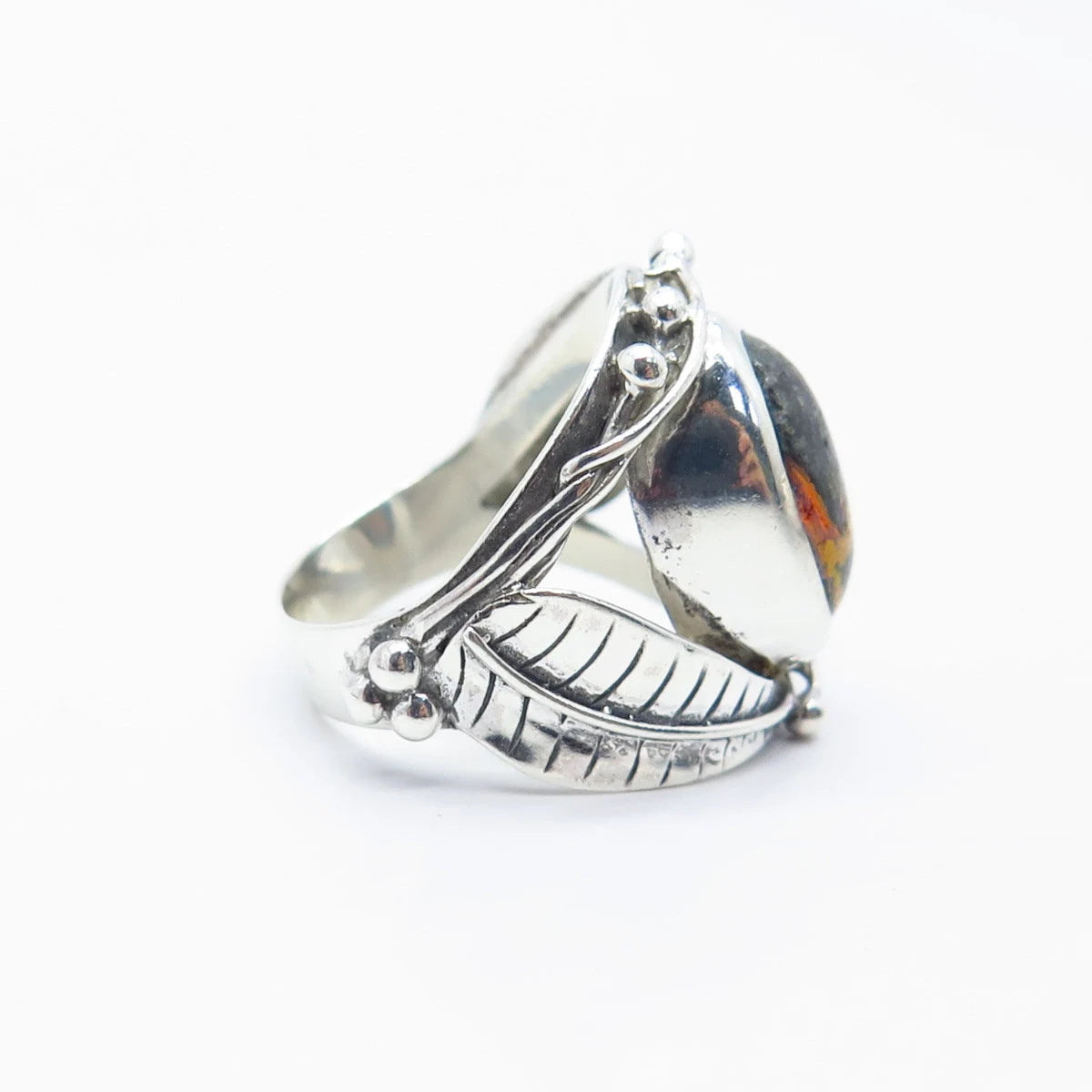 925 Sterling Silver Vintage Real Tiger Iron Gem Leaf Ring Size 6.25