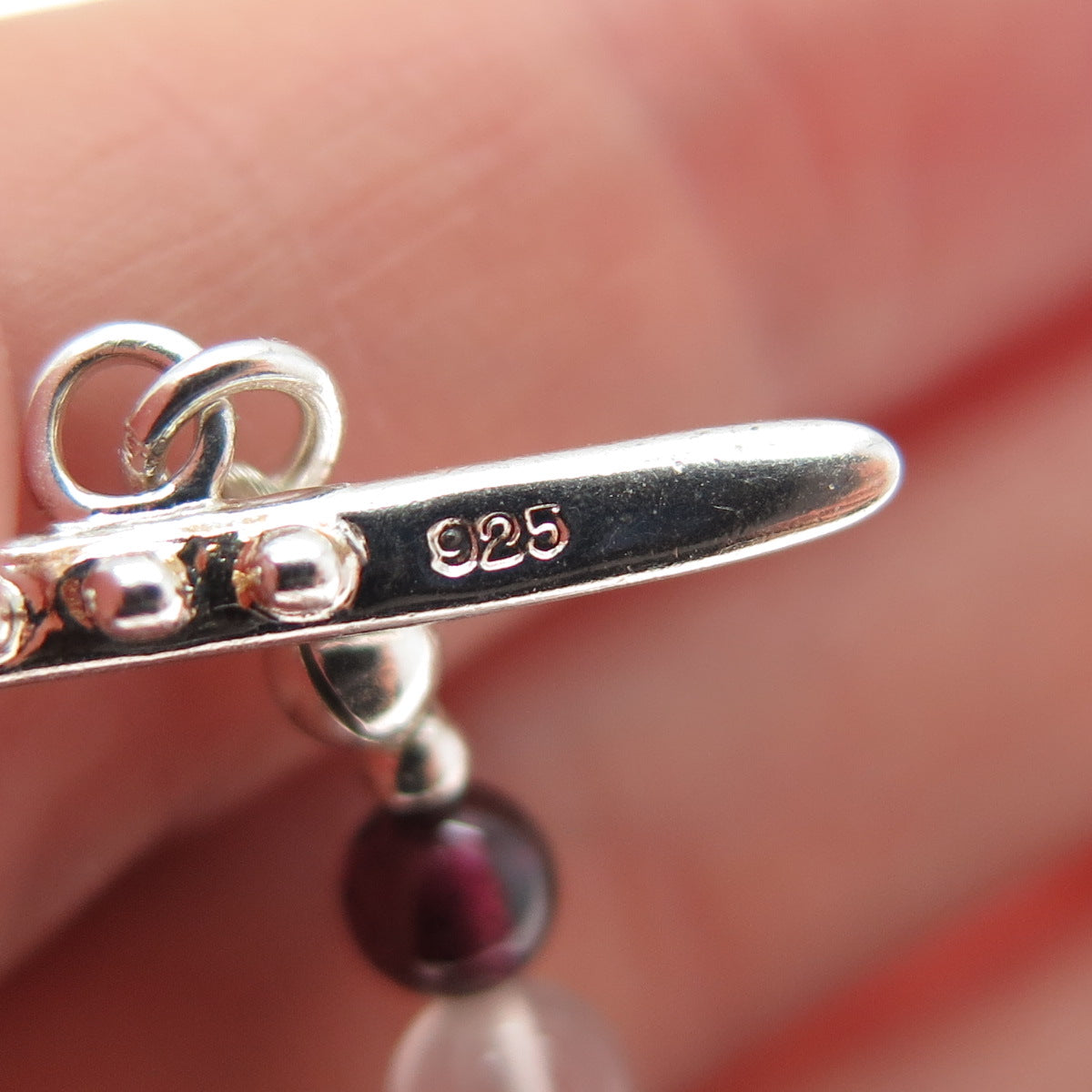 925 Sterling Vintage Rose & Cherry Quartz Tourmaline Beaded Chain Necklace 22"