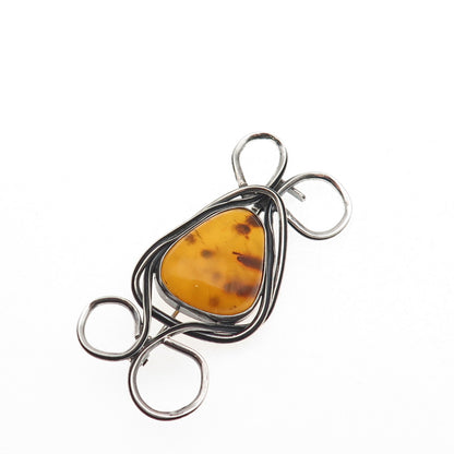 925 Sterling Silver Vintage AK Poland Real Amber Modernist Oxidized Pin Brooch