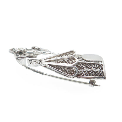 925 Sterling Silver Vintage Bungalow & Palm Tree Filigree Pin Brooch