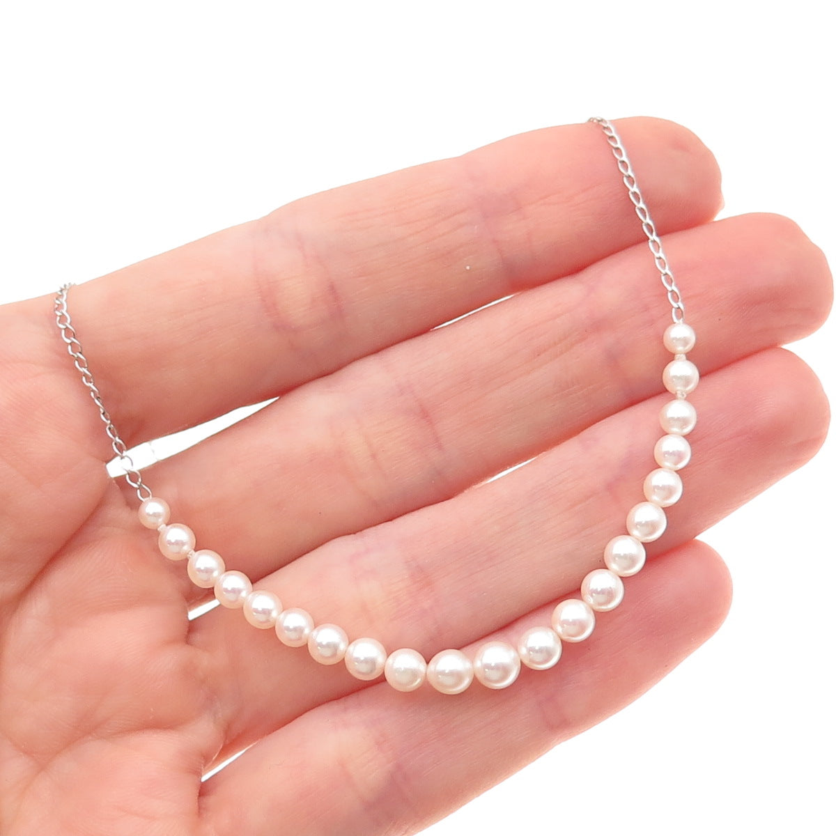 925 Sterling Silver Vintage Real Pearl Curb Chain Necklace 18"