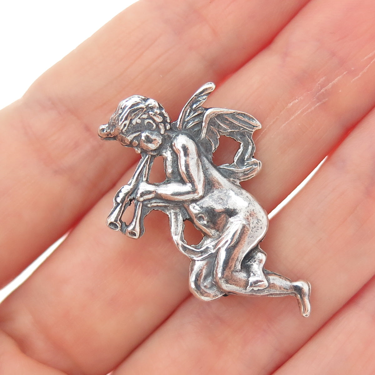 925 Sterling Silver Vintage Mexico Cherub Oxidized Pin Brooch