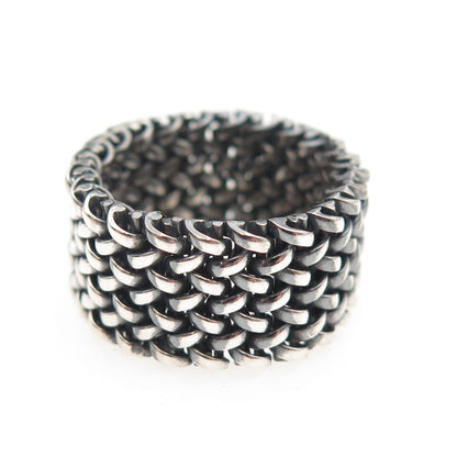 925 Sterling Silver Vintage Italy Mesh Oxidized Wide Band Ring Size 9