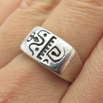 925 Sterling Silver Vintage Tribal Symbol Bar Signet Ring Size 7.75