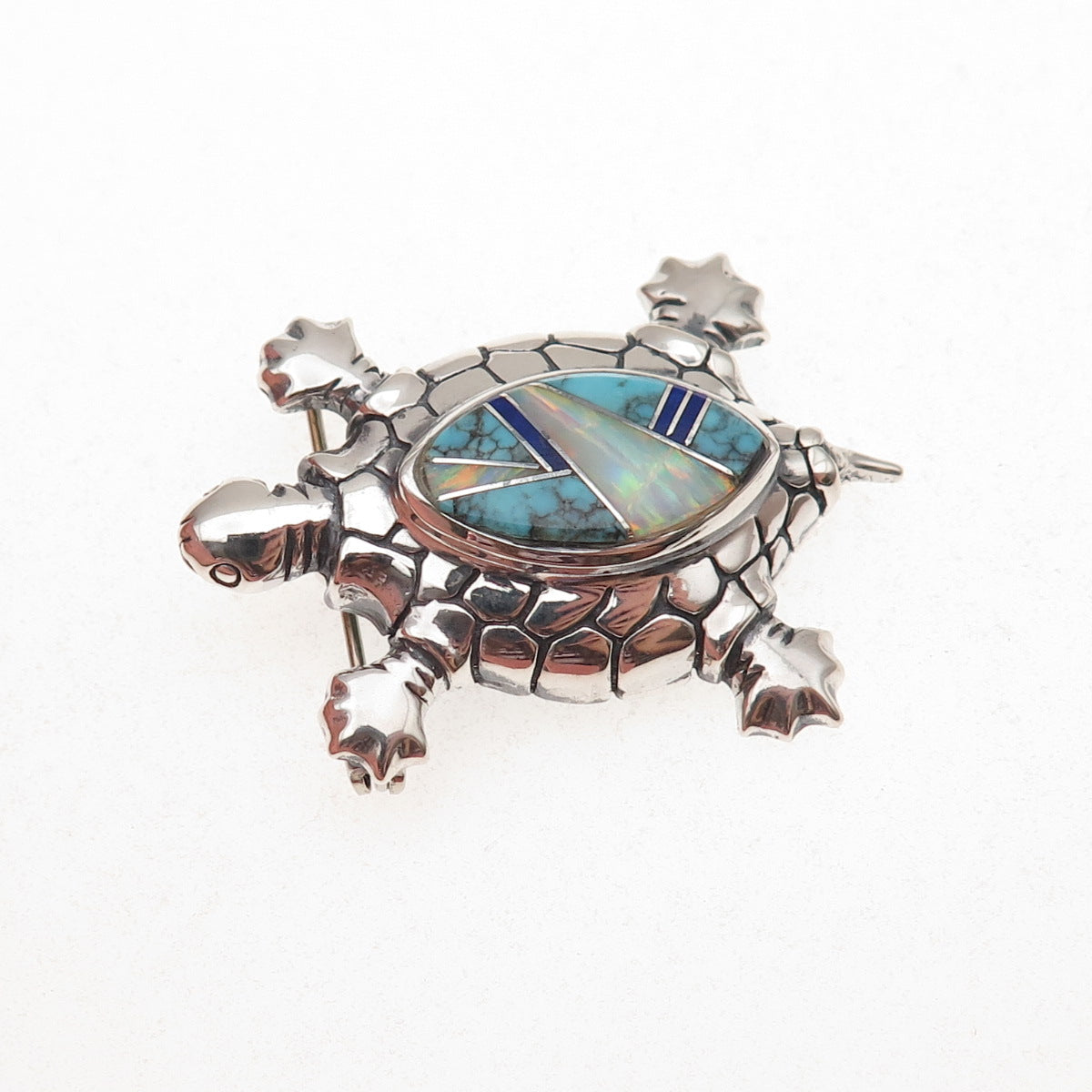 Old Pawn Sterling Silver Vintage Turquoise Lapis Opal Turtle Pin Brooch Pendant