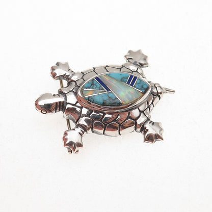 Old Pawn Sterling Silver Vintage Turquoise Lapis Opal Turtle Pin Brooch Pendant