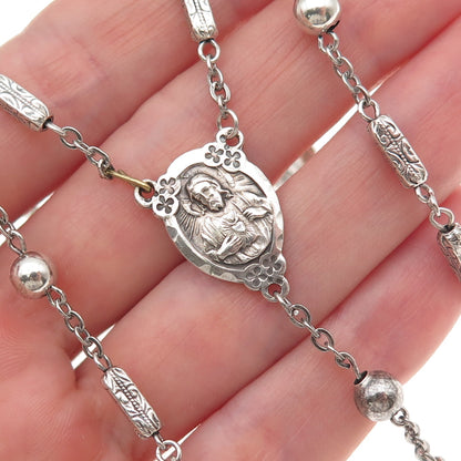 925 Sterling Antique Art Deco Jesus Sacred Heart Religious Rosary Chain 32"