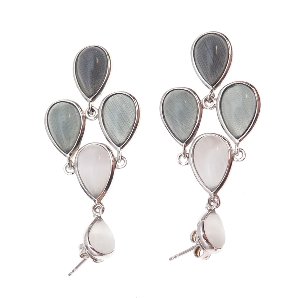 925 Sterling Silver Real Cat's Eye Teardrop Cluster Dangle Earrings