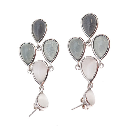 925 Sterling Silver Real Cat's Eye Teardrop Cluster Dangle Earrings