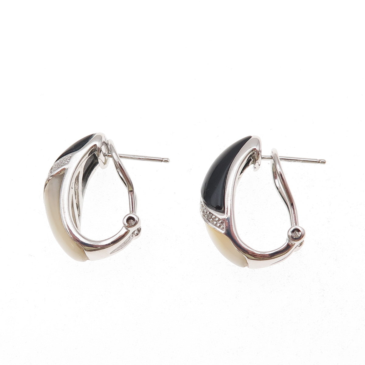 Sai 925 Sterling Silver Real Diamond Black Onyx & MOP Omega Back Earrings