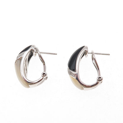 Sai 925 Sterling Silver Real Diamond Black Onyx & MOP Omega Back Earrings