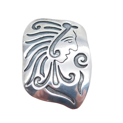 925 Sterling Silver Vintage Mexico Mayan Warrior Oxidized Tribal Pin Brooch