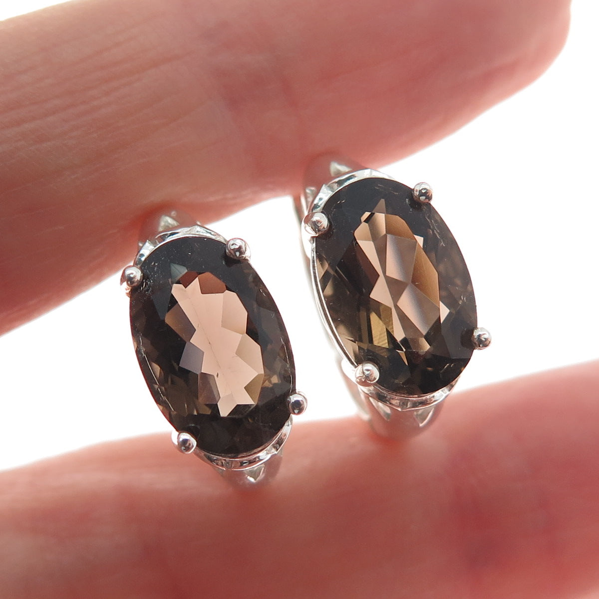 ROSS SIMONS 925 Sterling Silver Vintage Real Smoky Quartz Hoop Earrings