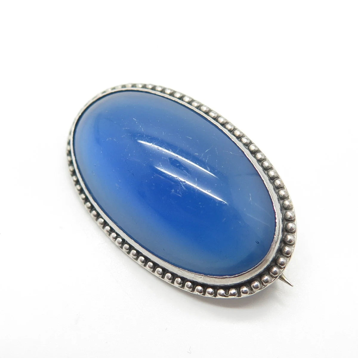 925 Sterling Silver Vintage Real Blue Glass Pin Brooch