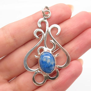 925 Sterling Silver Vintage Real Blue Agate Gemstone Ornate Pendant