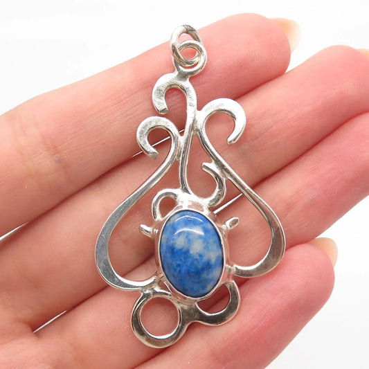 925 Sterling Silver Vintage Real Blue Agate Gemstone Ornate Pendant