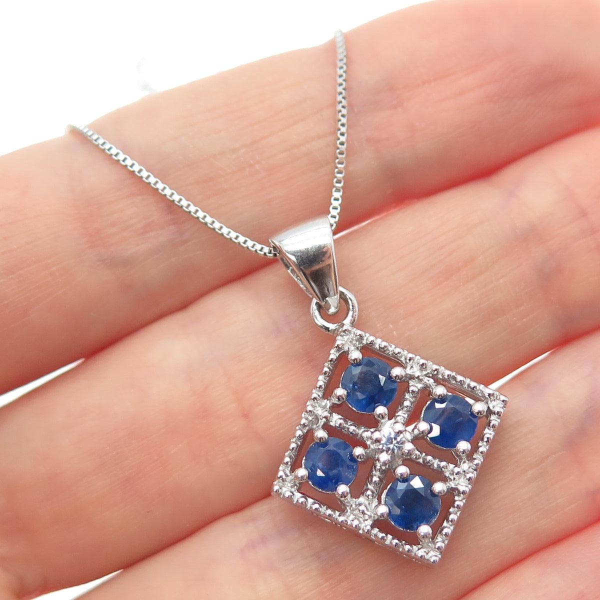 925 Sterling Silver Real Sapphire & White Topaz Box Chain Necklace 18"