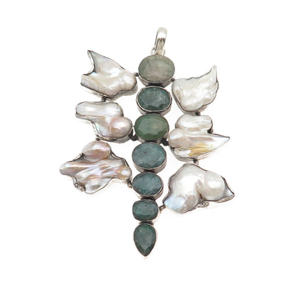 925 Sterling Vintage Real Baroque Pearl & Emerald Modernist Large 55.8g Pendant