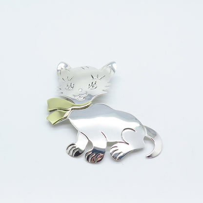 925 Sterling Silver 2-Tone Vintage Mexico Cat / Kitty Pin Brooch