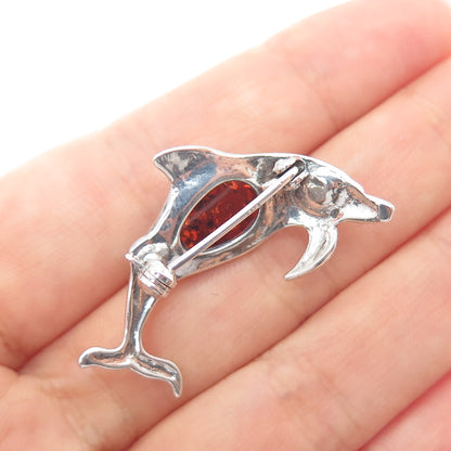 925 Sterling Silver Vintage Real Amber Dolphin Oxidized Pin Brooch