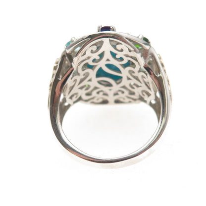Chuck Clemency 925 Sterling Silver 2-Tone Real Multi-Color Gem Ring Size 8