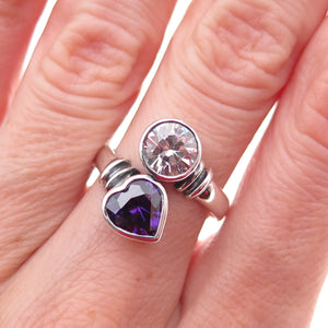 Charles Winston Sterling Silver Vintage Purple & White C Z Heart Ring Size 7.5