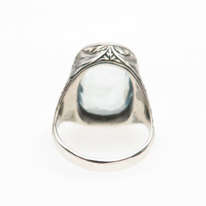 925 Sterling Antique Art Deco Real Diamond & Aquamarine Oxidized Ring Size 6.5