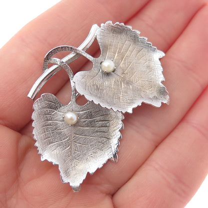 CARL ART 925 Sterling Silver Antique Art Deco Real Pearl Floral Leaf Pin Brooch