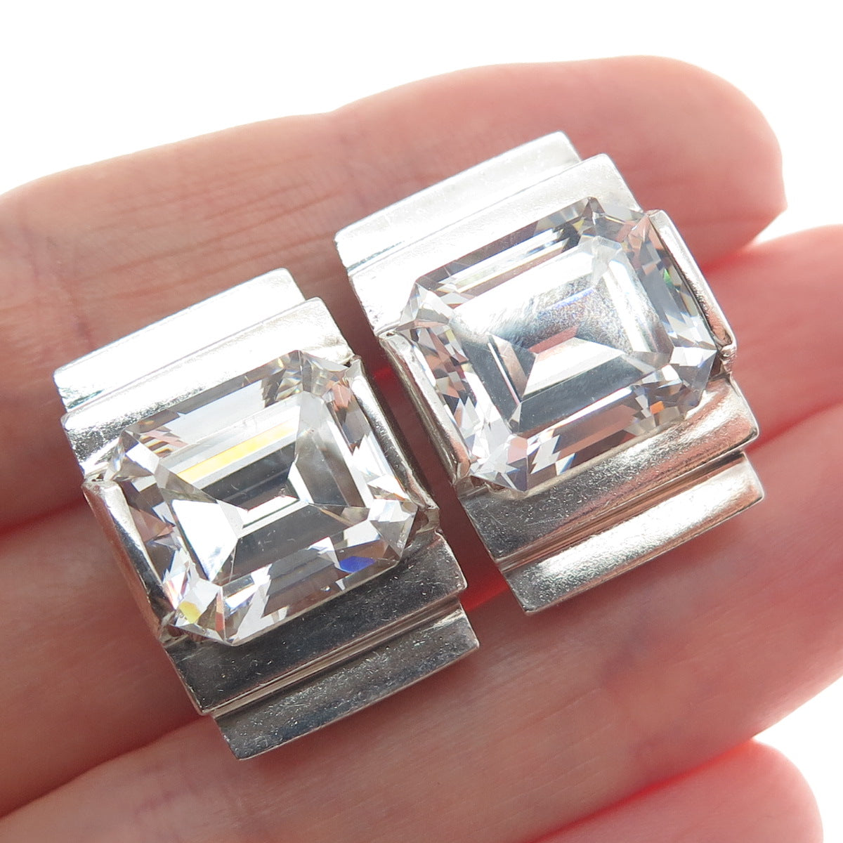 925 Sterling Silver Vintage Emerald-Cut C Z Clip On Earrings