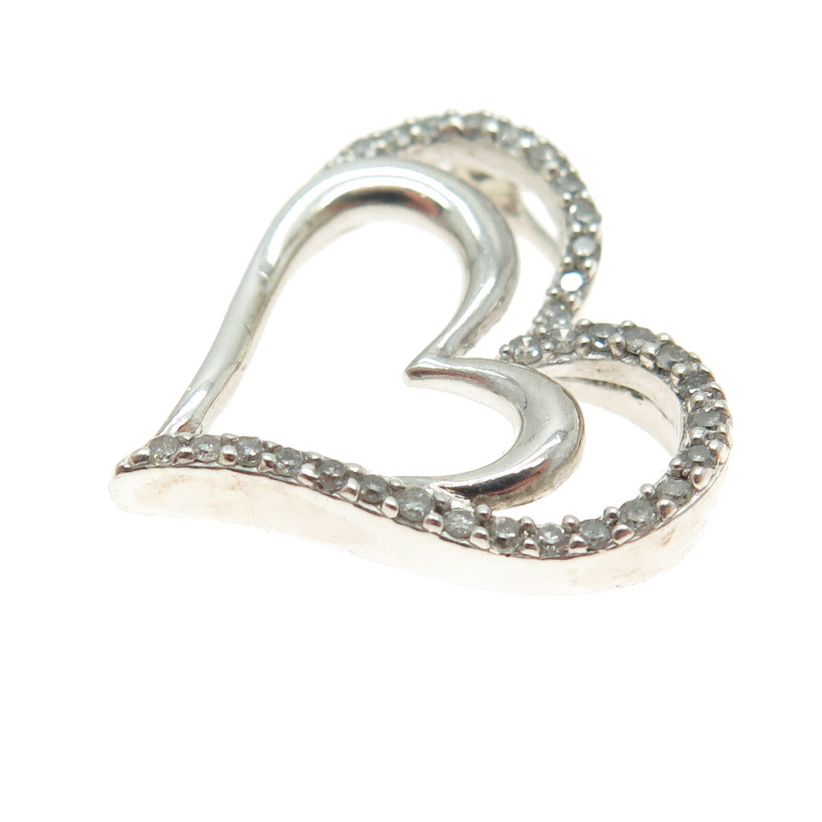 SUN 925 Sterling Silver Real Round-Cut Diamond Double Heart Slide Pendant