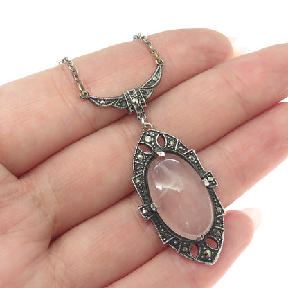 925 Sterling Antique Rose Quartz Marcasite Necklace 14" (missing part of chain)