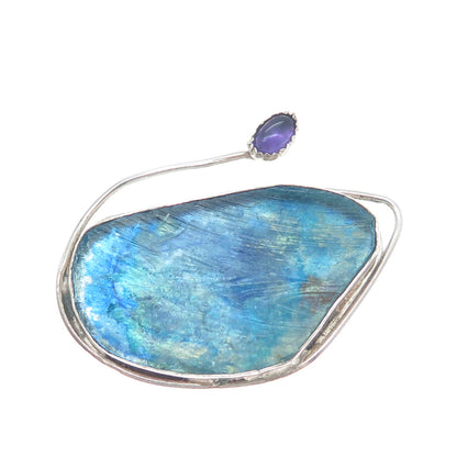 VACA CODI 925 Sterling Silver Vintage Real Amethyst & Roman Glass Brooch Pendant
