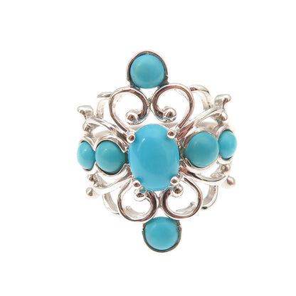 925 Sterling Silver Real Sleeping Beauty Turquoise Floral Cross Ring Size 8