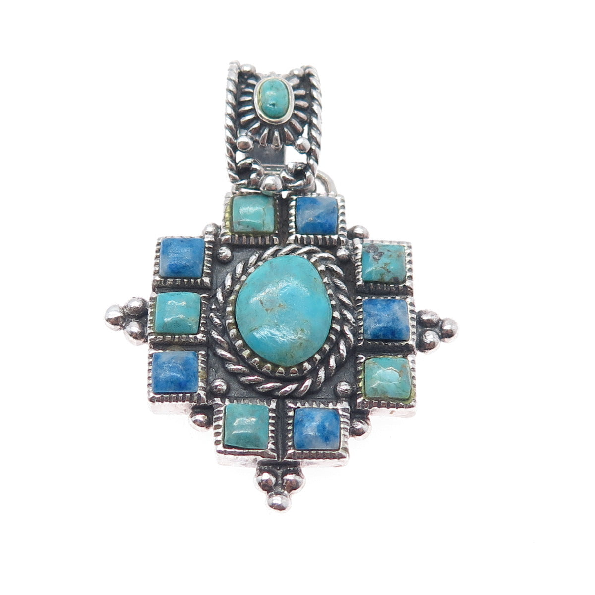 925 Sterling Silver Vintage Real Turquoise & Denim Lapis Cross Charm Pendant