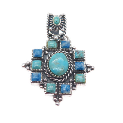 925 Sterling Silver Vintage Real Turquoise & Denim Lapis Cross Charm Pendant