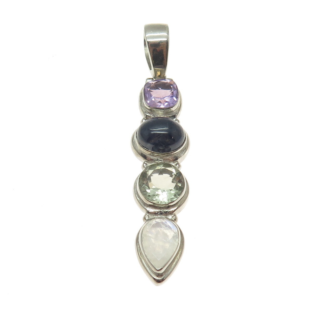 925 Sterling Silver Vintage Real Green Purple Amethyst Iolite Moonstone Pendant