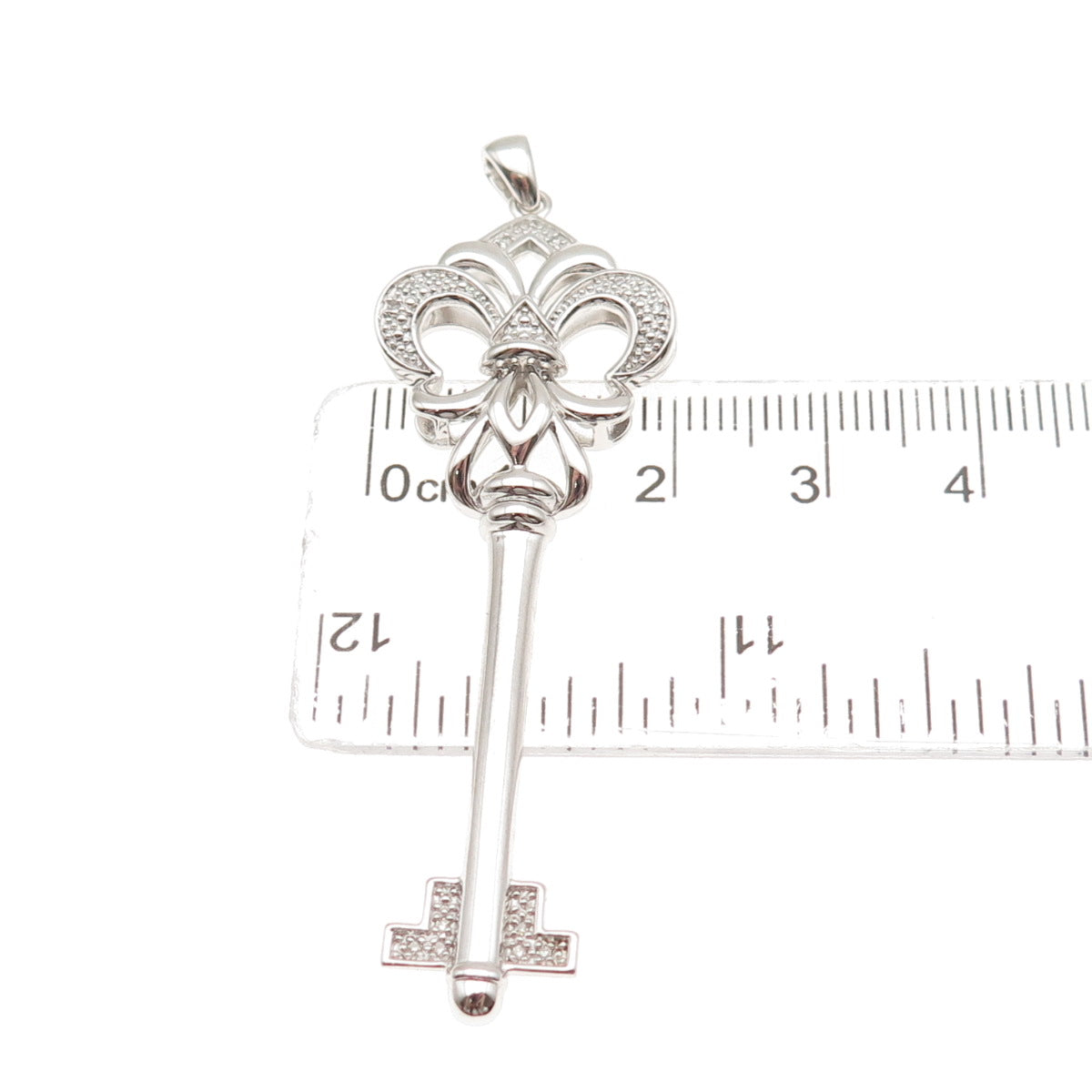 925 Sterling Silver Real Round-Cut Diamond Fleur de Lis Key Pendant
