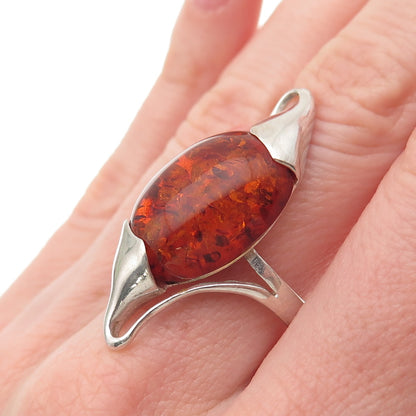 925 Sterling Silver Vintage RJ Czechia Real Amber Modernist Ring Size 7