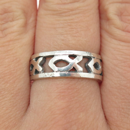 925 Sterling Silver Vintage Ichthys All Around Religious Band Ring Size 8.25