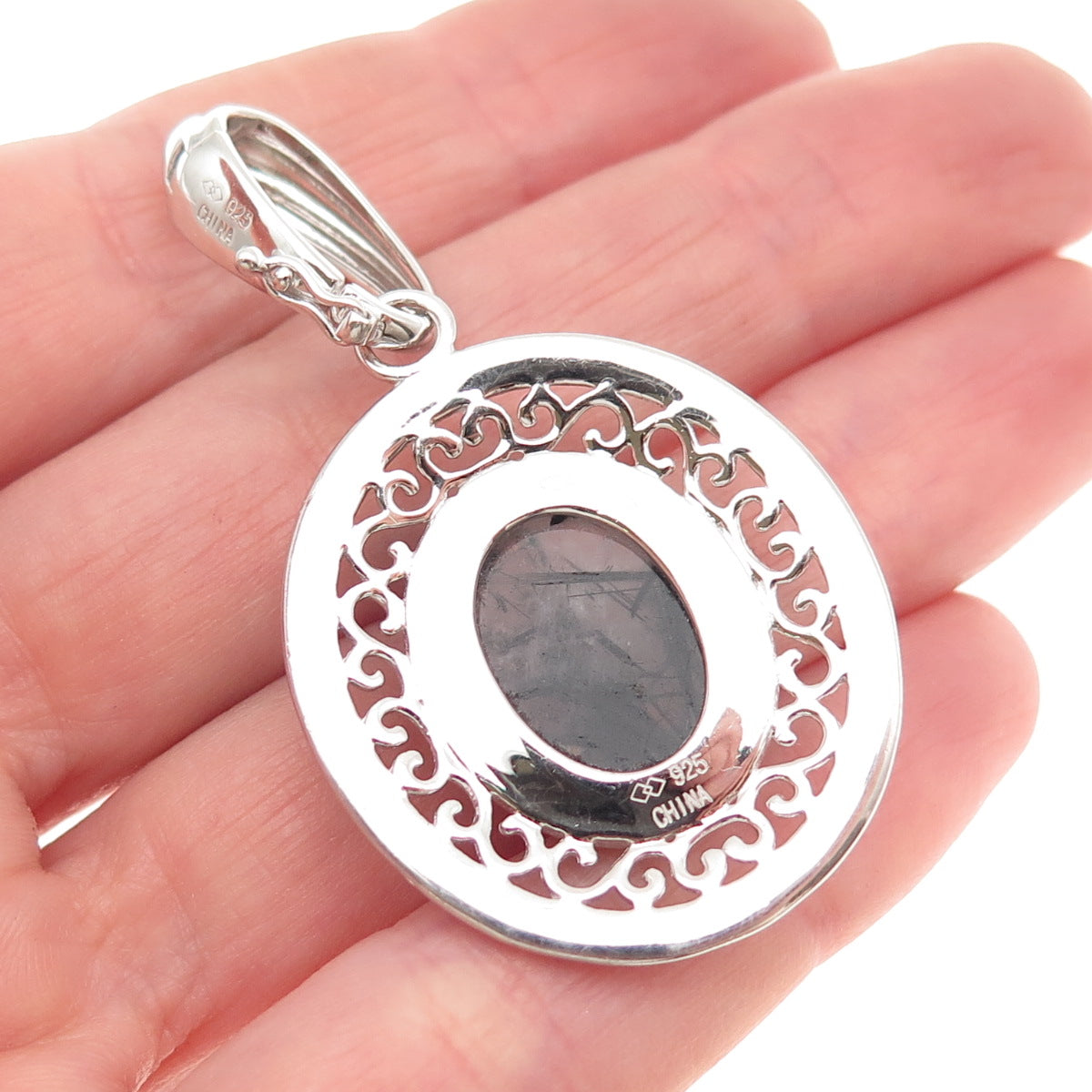 925 Sterling Silver Real Rutilated Quartz Swirl Beaded Pendant