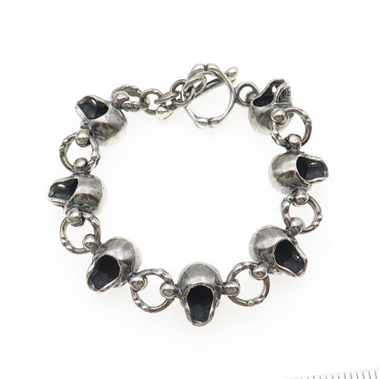 925 Sterling Silver Vintage Skull Link Oxidized Biker Bracelet 7.5"