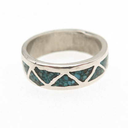 Old Pawn 925 Sterling Silver Vintage Turquoise Inlay Tribal Band Ring Size 6.25