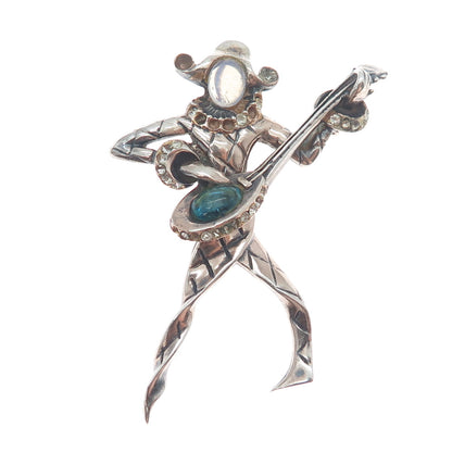 M SLATER Sterling Antique Shell Opalite Harlequin Brooch (missing 9 rhinestones)