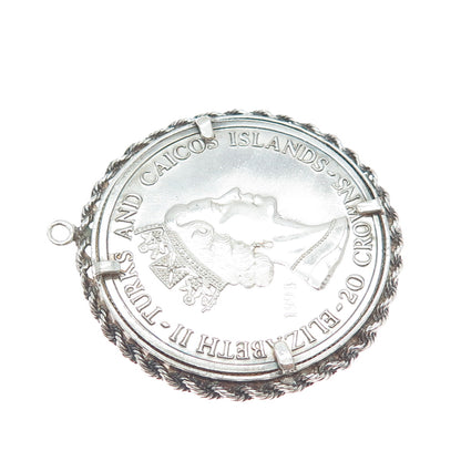 999 Silver Vintage 1994 Turks Caicos Islands 20 Crowns Elizabeth II Coin Pendant