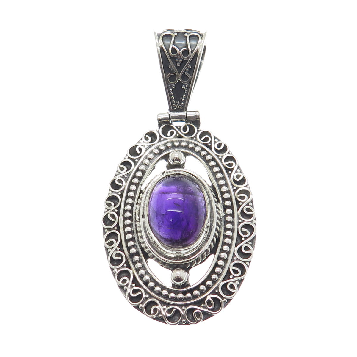 925 Sterling Silver Vintage Real Amethyst Gemstone Boho Ornate Pendant