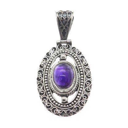 925 Sterling Silver Vintage Real Amethyst Gemstone Boho Ornate Pendant