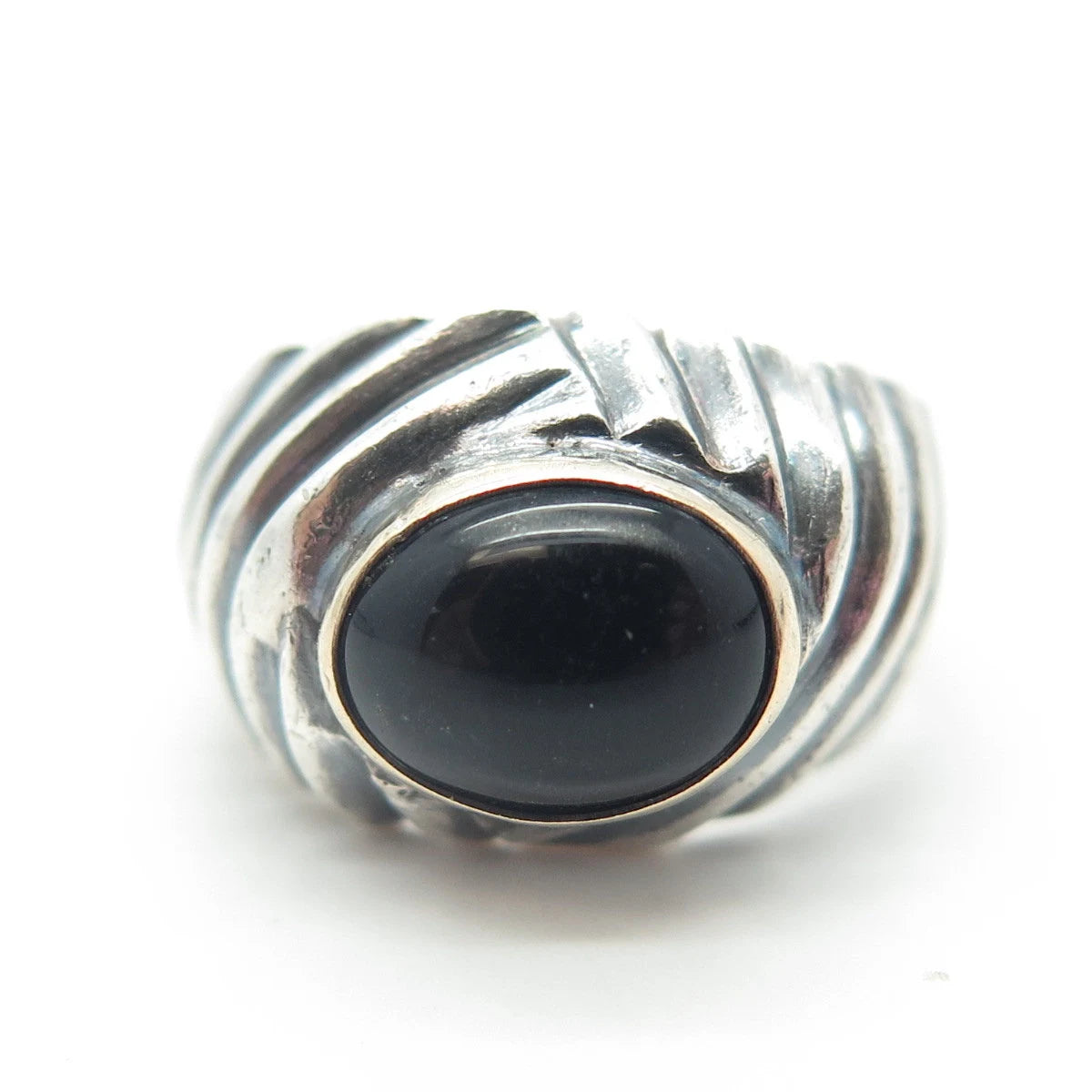 925 Sterling Silver & 14K Gold Vintage Real Cabochon Black Onyx Ring Size 5.25