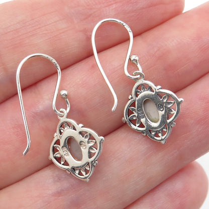 925 Sterling Silver Vintage Real Mother-of-Pearl Flower Dangle Earrings