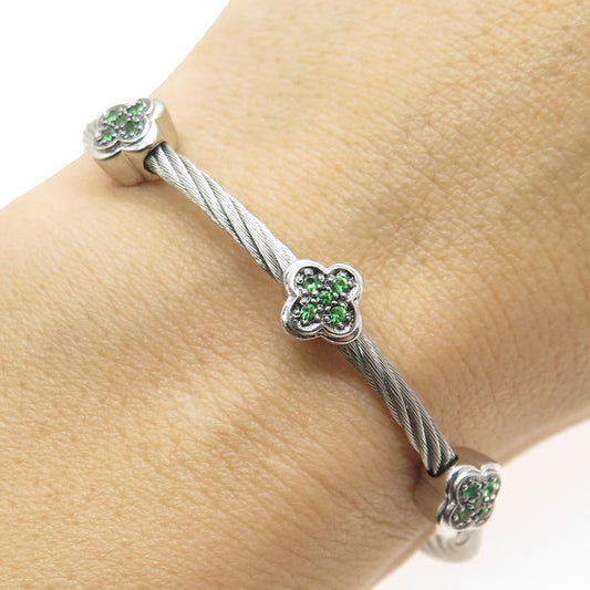 925 Sterling Silver & Steel Green C Z Cross Twisted Rope Link Bracelet 6.75"