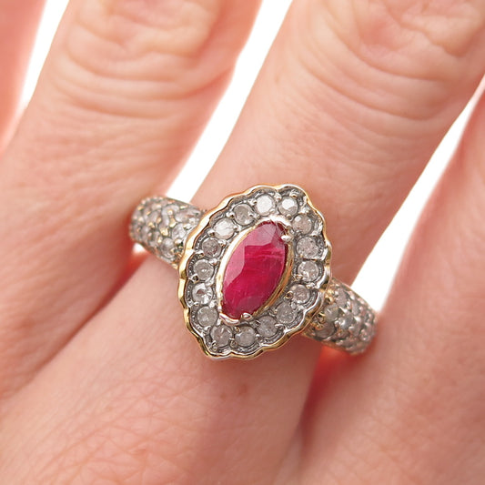 925 Sterling Silver Gold Plated Real Round-Cut Diamond & Ruby Ring Size 9